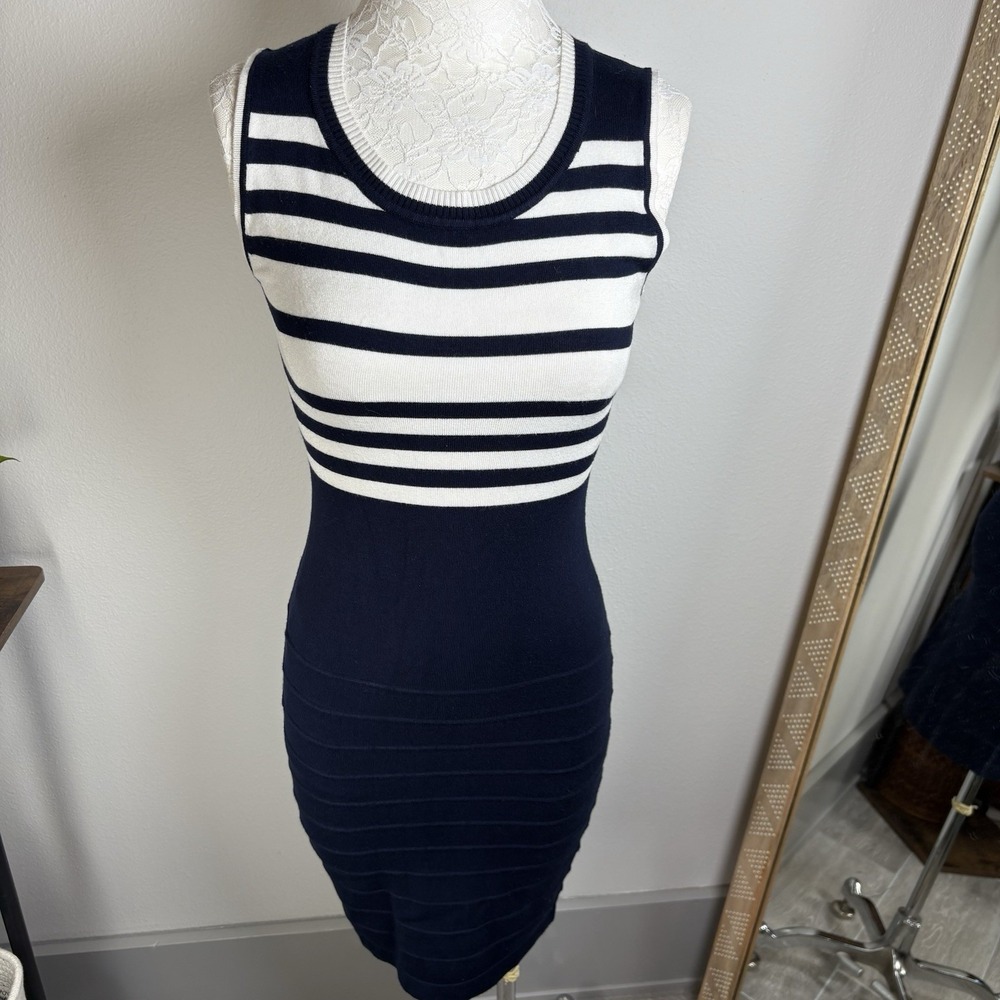 Evelyn Blue Womens S Navy Blue Striped Bodycon Dress Nautical Preppy Knit Cotton